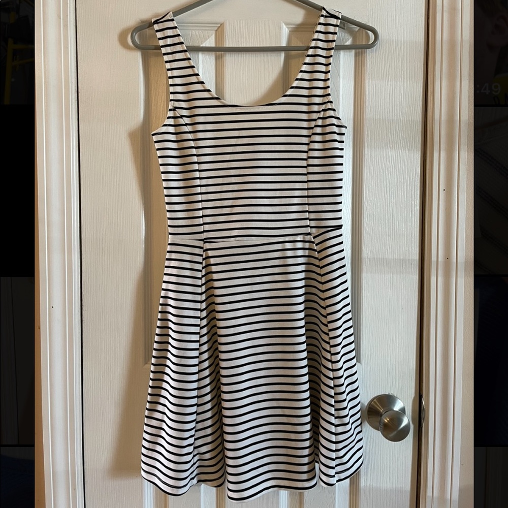 White and black striped A line dress.